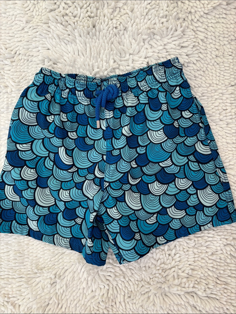 Boys Capelle Blue Wave-Pattern Swim Trunks with Drawstring Waist
